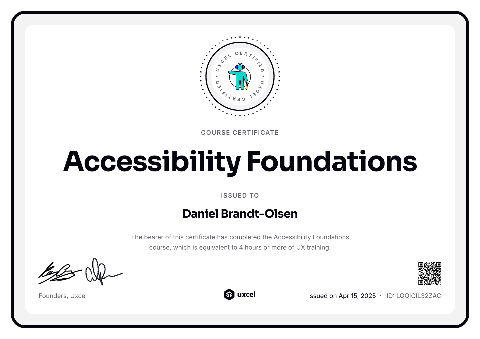 Daniel Brandt-Olsen's certificate